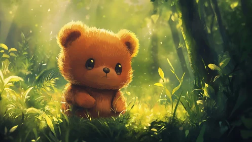 Digital bear character in sunlit forest clearing environment.