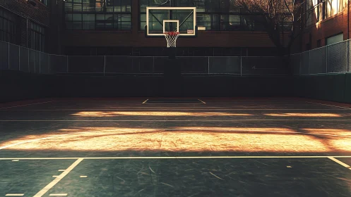 Outdoor basketball court with single hoop and low sunlight.