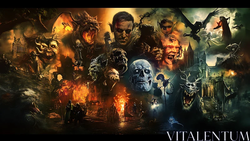 Infernal siege of gothic citadel in blazing nightmare panorama.