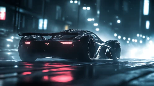 Midnight supercar gliding through neon city streets softly.