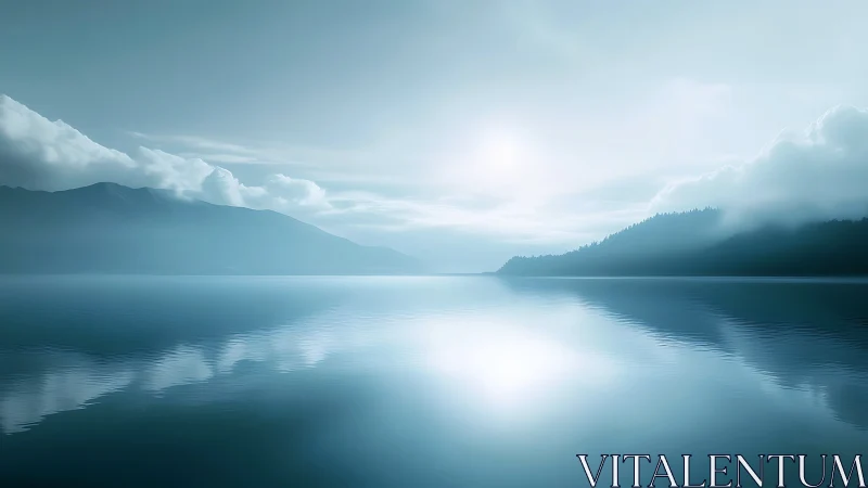 Whispering horizon over glassy blue lake in soft fog.