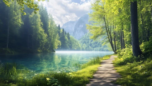 Forest lakeside path curves beside clear water under mountains