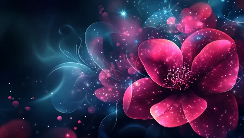 Glowing pink digital flower on dark abstract background.
