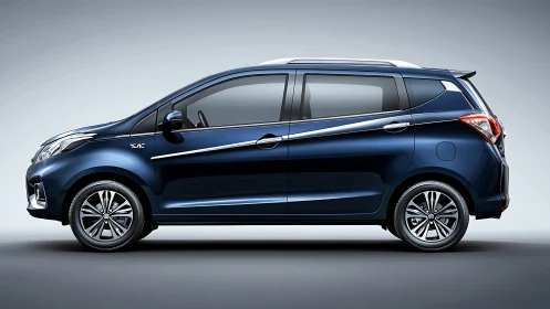 Side-profile render of metallic blue compact MPV in studio lighting