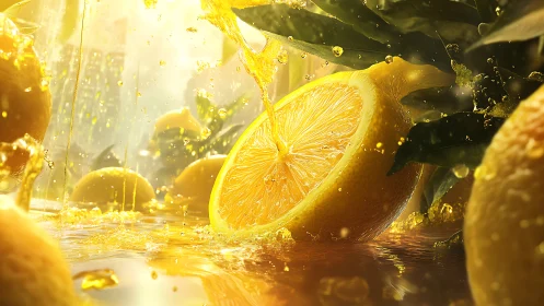 Lemon halves and juice streams interact under strong backlight