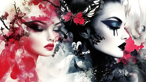 Two stylized female portraits merge with abstract ink textures