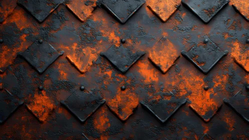 Industrial black metal with orange rust texture, geometric pattern.