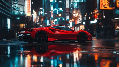 Red supercar under neon rain in cinematic night street scene.