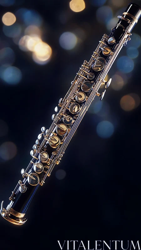 Glossy clarinet close-up against glowing bokeh backdrop.