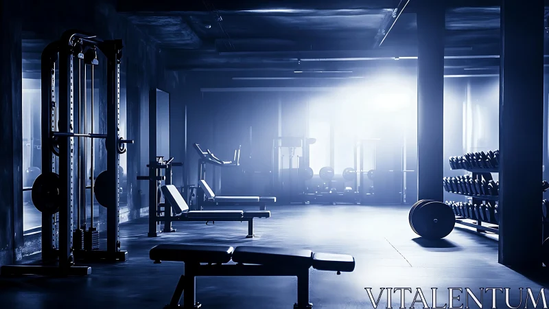 Empty strength gym under moody blue studio lighting.