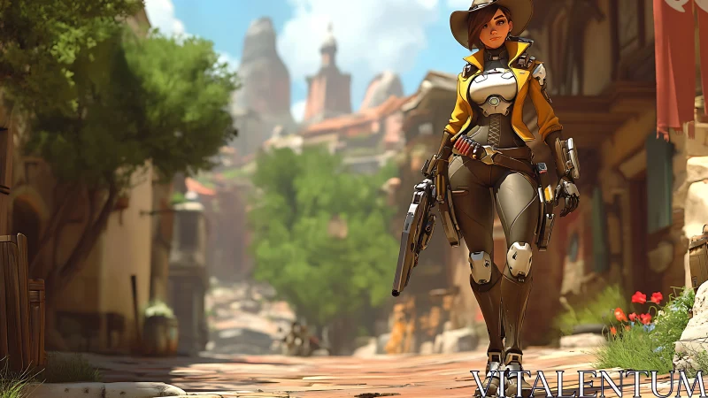 Armored cowgirl operative strides through sunlit desert town