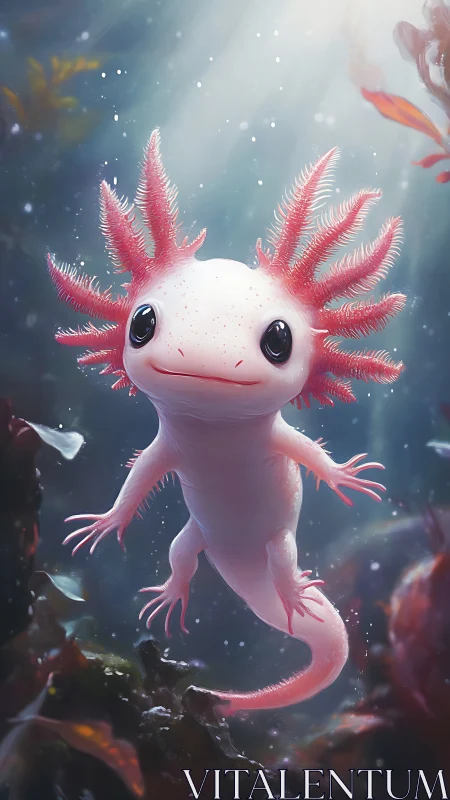Cute pink axolotl glows in dreamy underwater light.