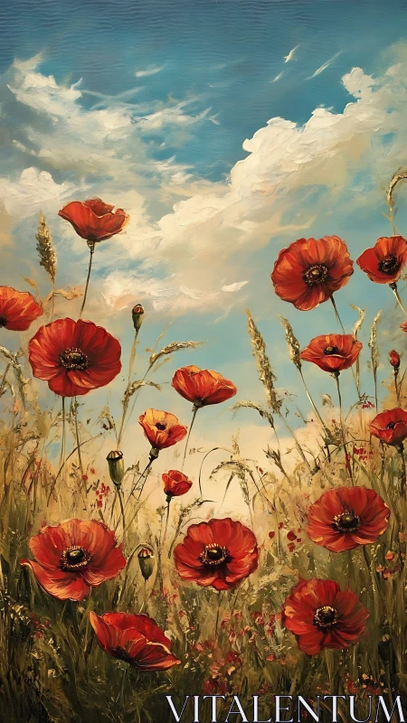 Scarlet poppy meadow under luminous summer sky.