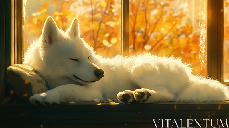 White dog resting on sunny autumn window ledge calmly.