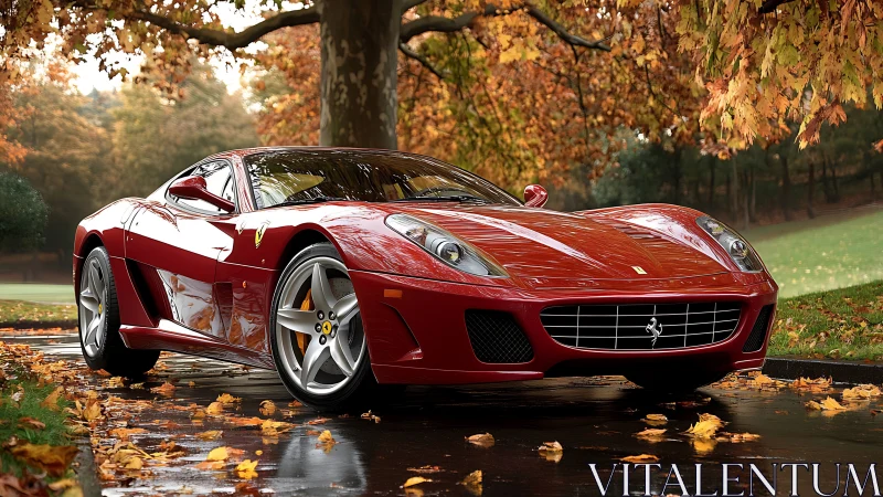 Crimson sports car gliding through golden autumn calm.
