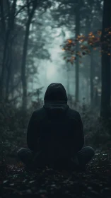 Hooded figure meditates in misty forest gloom at dawn.