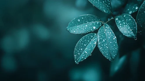 Water droplets cling to teal green leaves after rainfall