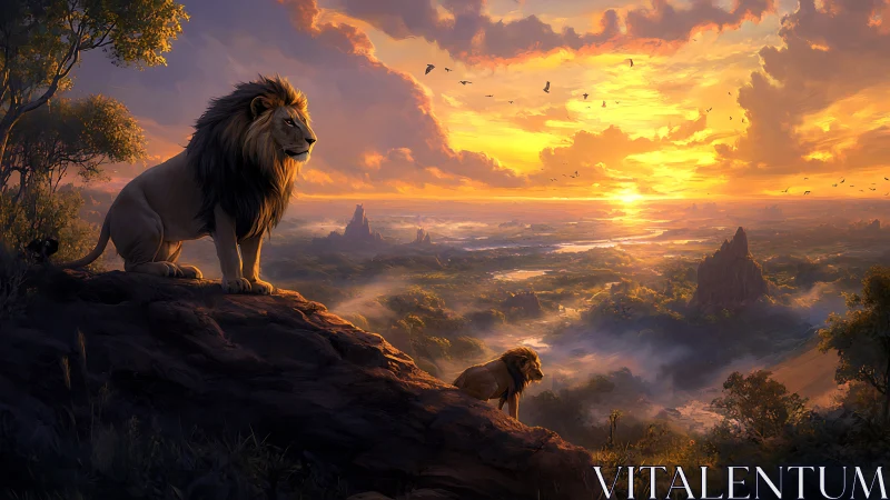 Two lions observe landscape from elevated rocky outcrop at sunset.