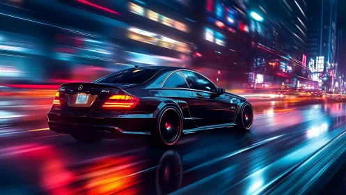 High-performance coupe accelerates through neon-lit wet city corridor