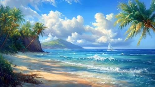 Tropical Island Beach with Sailboat and Palm Trees.