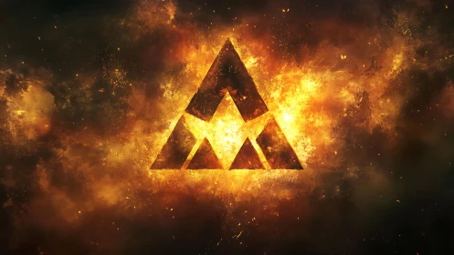 Fiery Abstract Triangle Symbol in Explosive Digital Art Style.
