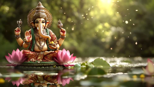 Ganesha statue on lotus flowers in calm reflective water.