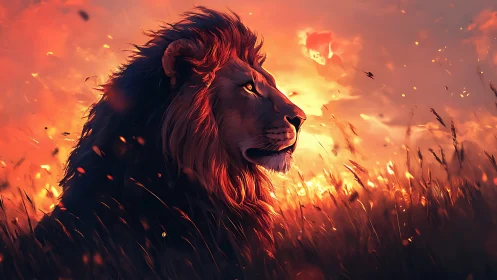 Lion silhouette burns against blazing ember sunset sky.