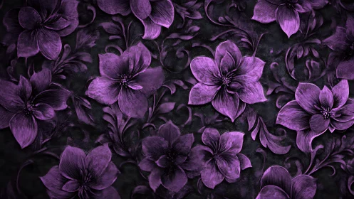 Ornamental Five-Petal Florals with High-Relief Texture on Dark Background