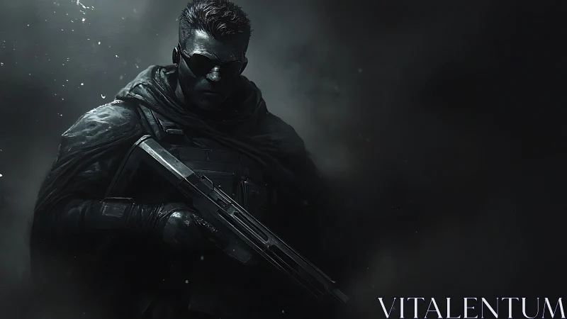 Stealth operative holds rifle in dense cinematic shadow.