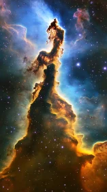 Towering cosmic nebula column glows against star field