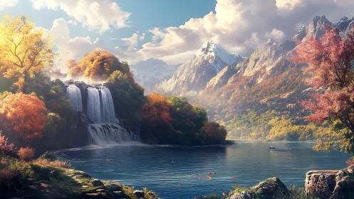 Sunlit waterfall and calm lake embraced by autumn mountains.
