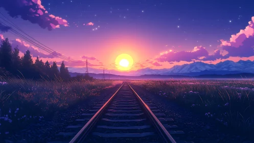 Railway horizon cuts into violet sunset over plains.