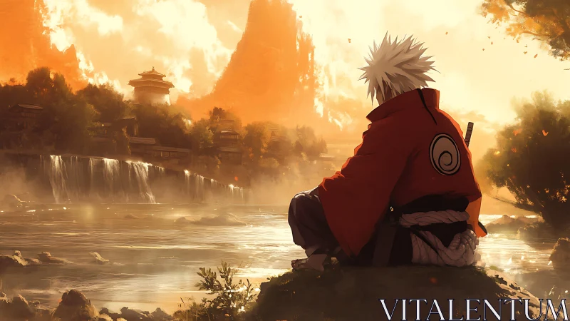 Solitary shinobi observing cascades in backlit valley atmosphere.