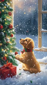 Golden puppy watches glowing Christmas tree beside window