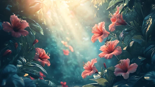 Luminescent Hibiscus Garden: Radiant Floral Composition.