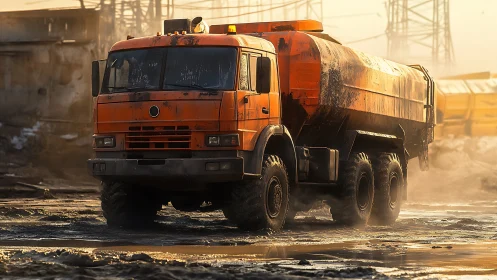 Mud-scarred orange tanker truck rumbles through molten sunset grit