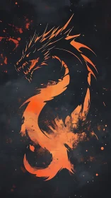 Abstract orange dragon silhouette on dark textured field.