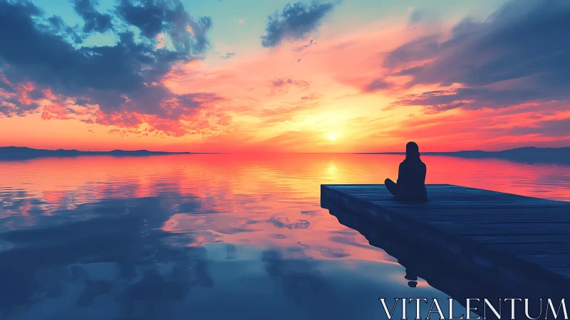 Solitary figure contemplates a vivid sunset across calm water