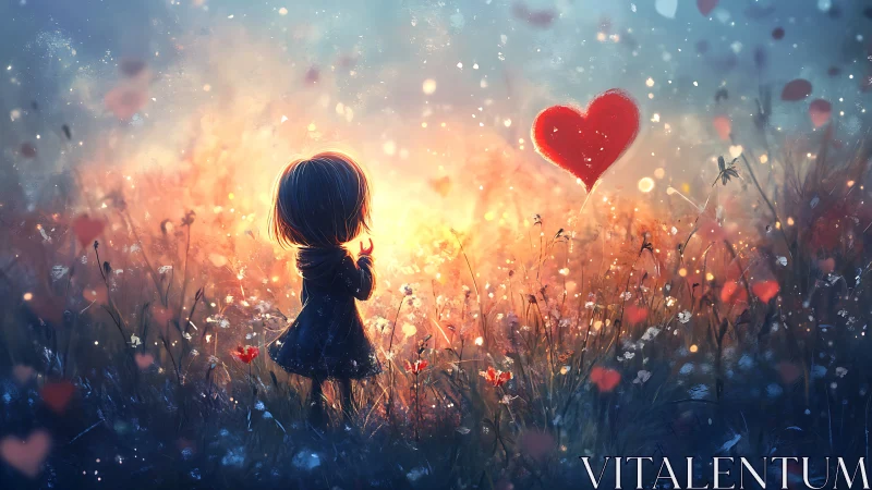 Silhouetted figure holding red heart balloon in field.