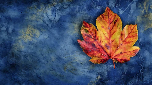 Golden maple leaf resting softly on deep blue stone.