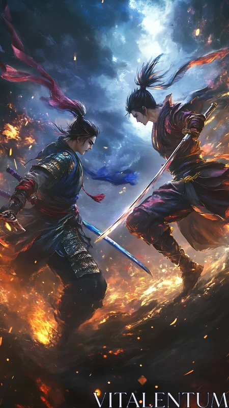 Two sword fighters confront each other amid fire and clouds