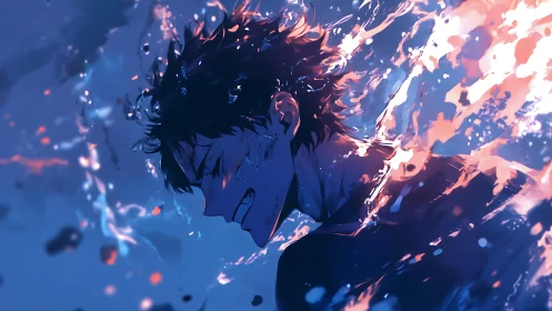 Profile view of submerged figure amid dynamic water motion