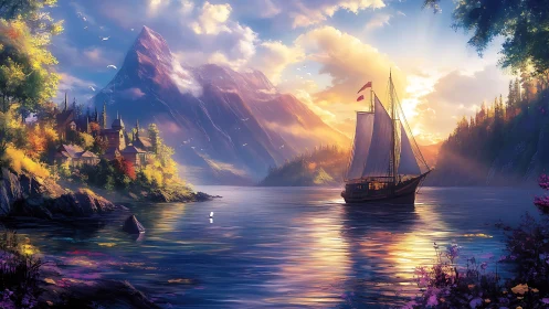 Sunlit sailship drifting past a jewel-bright mountain haven.
