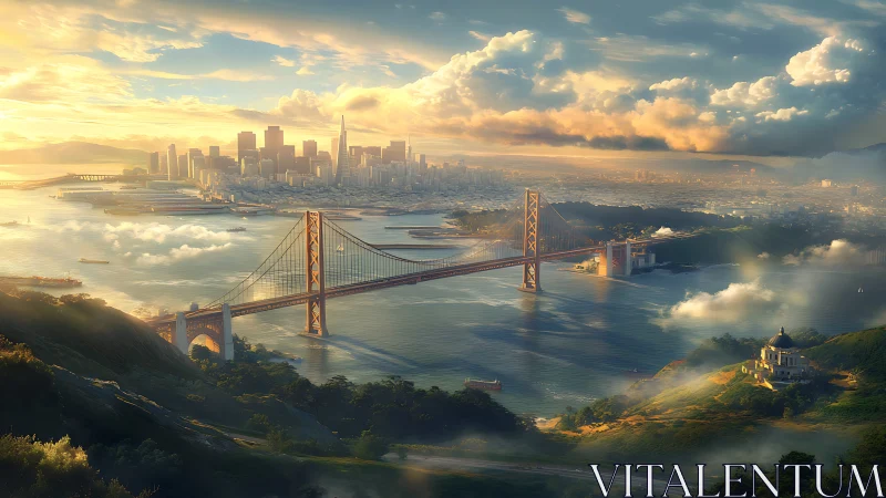 Golden suspension bridge spans misty bay at luminous sunrise.