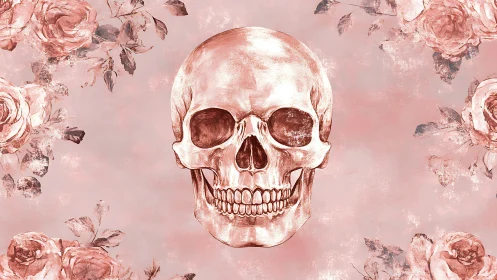 Human skull illustration is centered on a patterned floral field