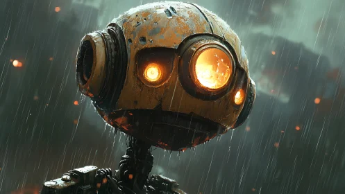 Gentle round-eyed robot gazes softly through the rainy night