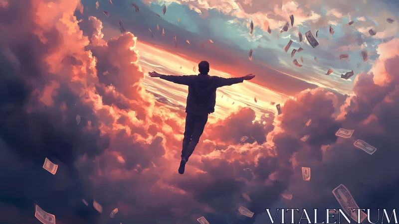 Silhouetted figure soars through glowing clouds and falling money
