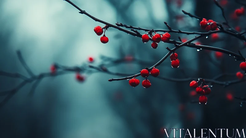 Red berries on bare branches in dreamy, moody forest scene.