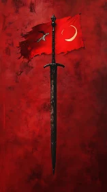 Vertical war sword bisects tattered red banner with crescent emblem