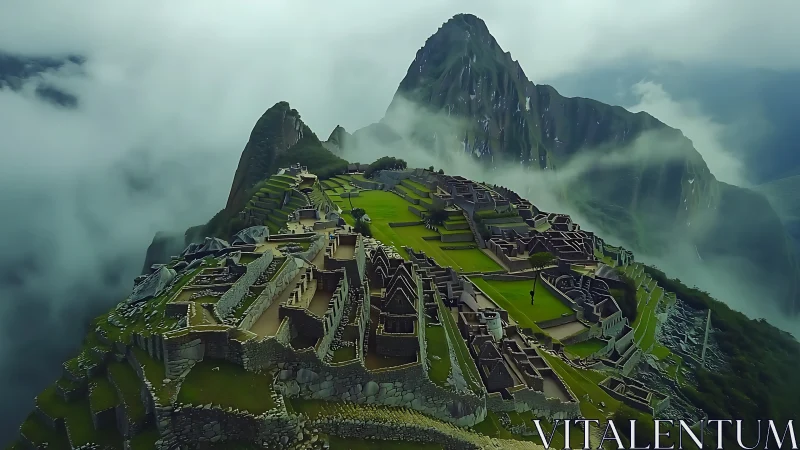 Mountaintop stone ruins extend across terraces in dense fog